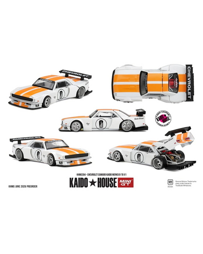 More Than Diecast: 1:64 scale white Chevrolet Camaro Kaido Works TA V1 die-cast model with orange racing stripes and custom body kit.