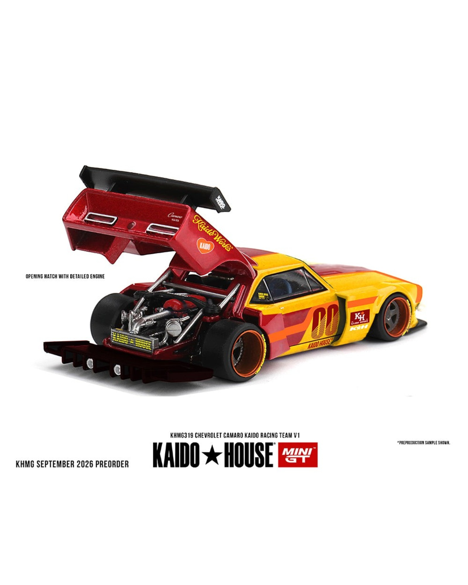 More Than Diecast Kaido House x Mini GT Chevrolet Camaro V1 in red and yellow with open hatch and engine detail
