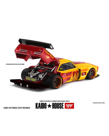More Than Diecast Kaido House x Mini GT Chevrolet Camaro V1 in red and yellow with open hatch and engine detail