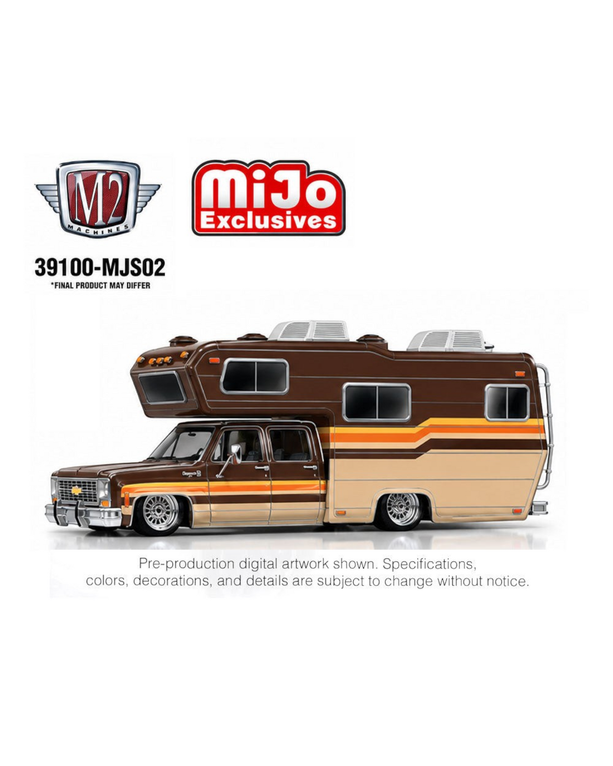 More Than Diecast M2 Machines 1:64 1974 Chevrolet Cheyenne Super 30 Custom Camper in beige and brown two-tone finish.