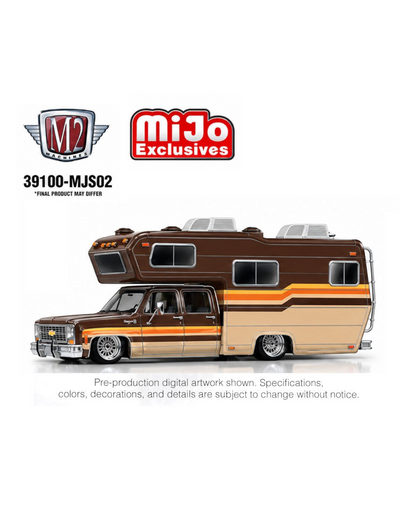 More Than Diecast M2 Machines 1:64 1974 Chevrolet Cheyenne Super 30 Custom Camper in beige and brown two-tone finish.