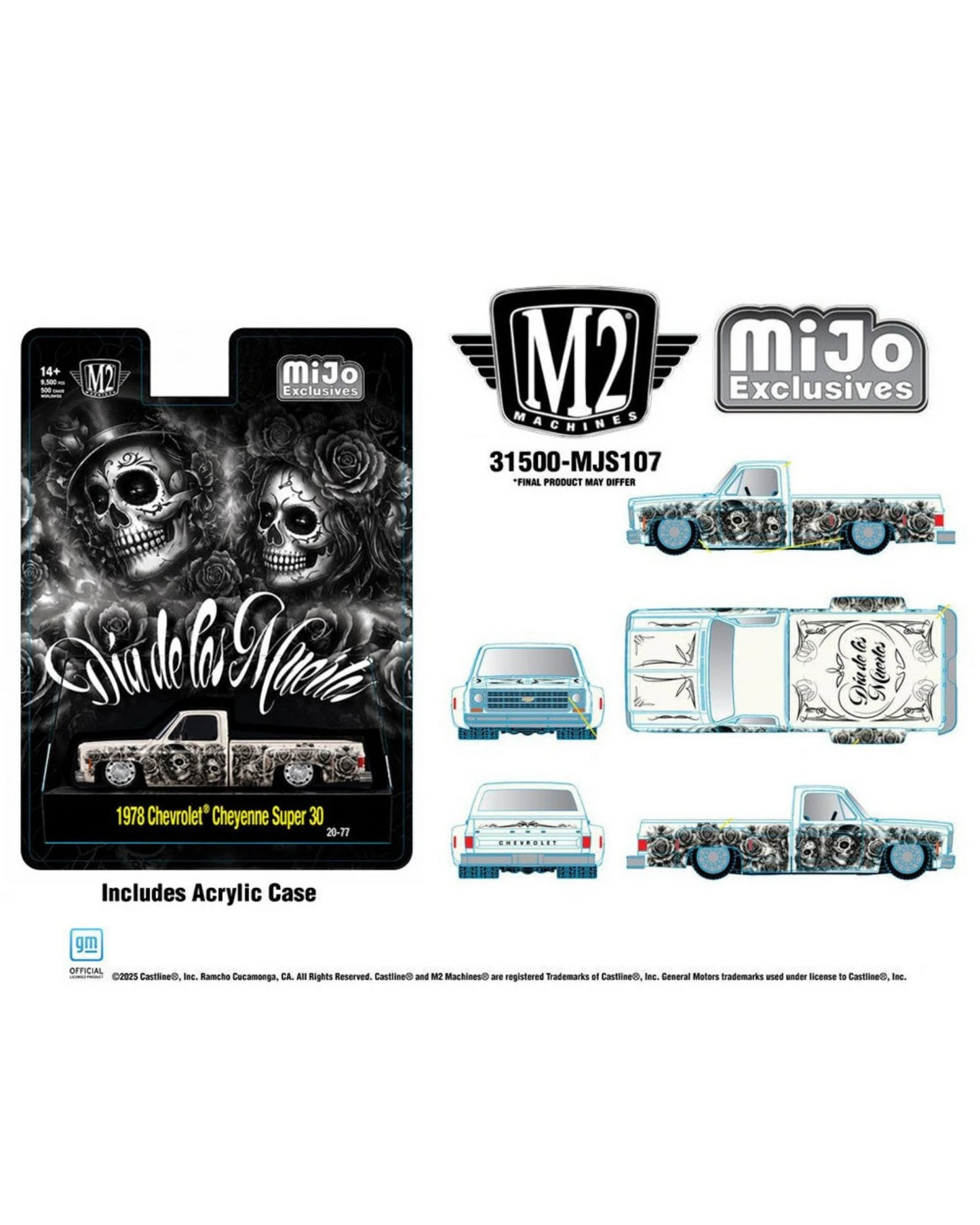 More Than Diecast 1:64 scale 1978 Chevrolet Cheyenne Super 30 truck in pearl white with Dias De Los Muertos graphics.