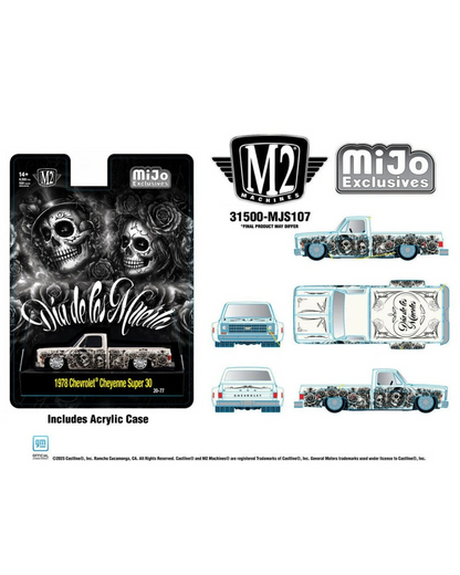 More Than Diecast 1:64 scale 1978 Chevrolet Cheyenne Super 30 truck in pearl white with Dias De Los Muertos graphics.