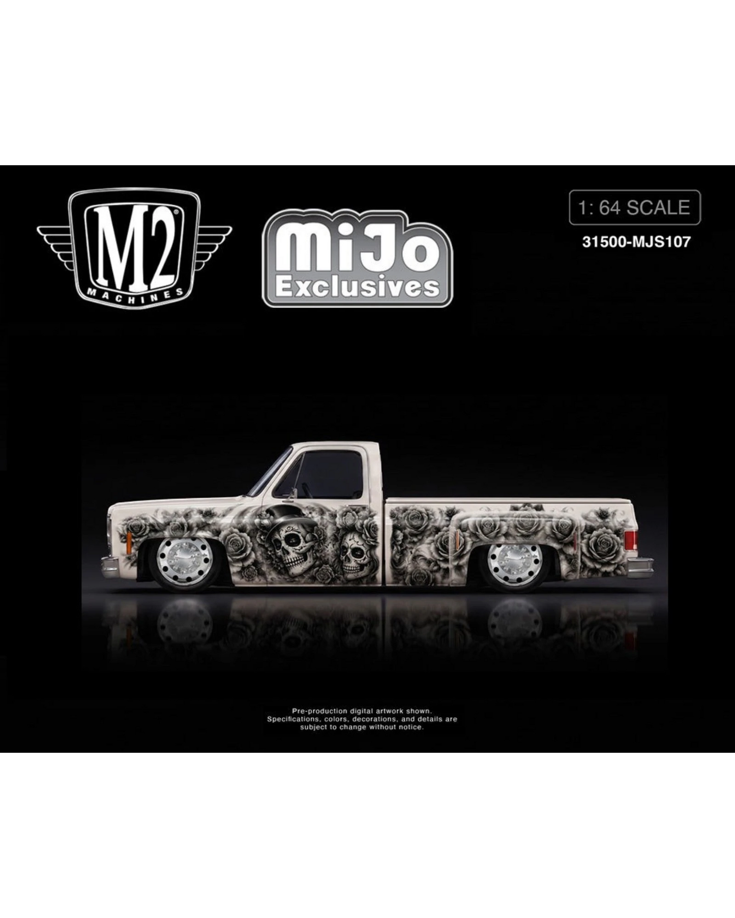 More Than Diecast M2 Machines 1:64 1978 Chevrolet Cheyenne Super 30 in pearl white with Day of the Dead skull art.