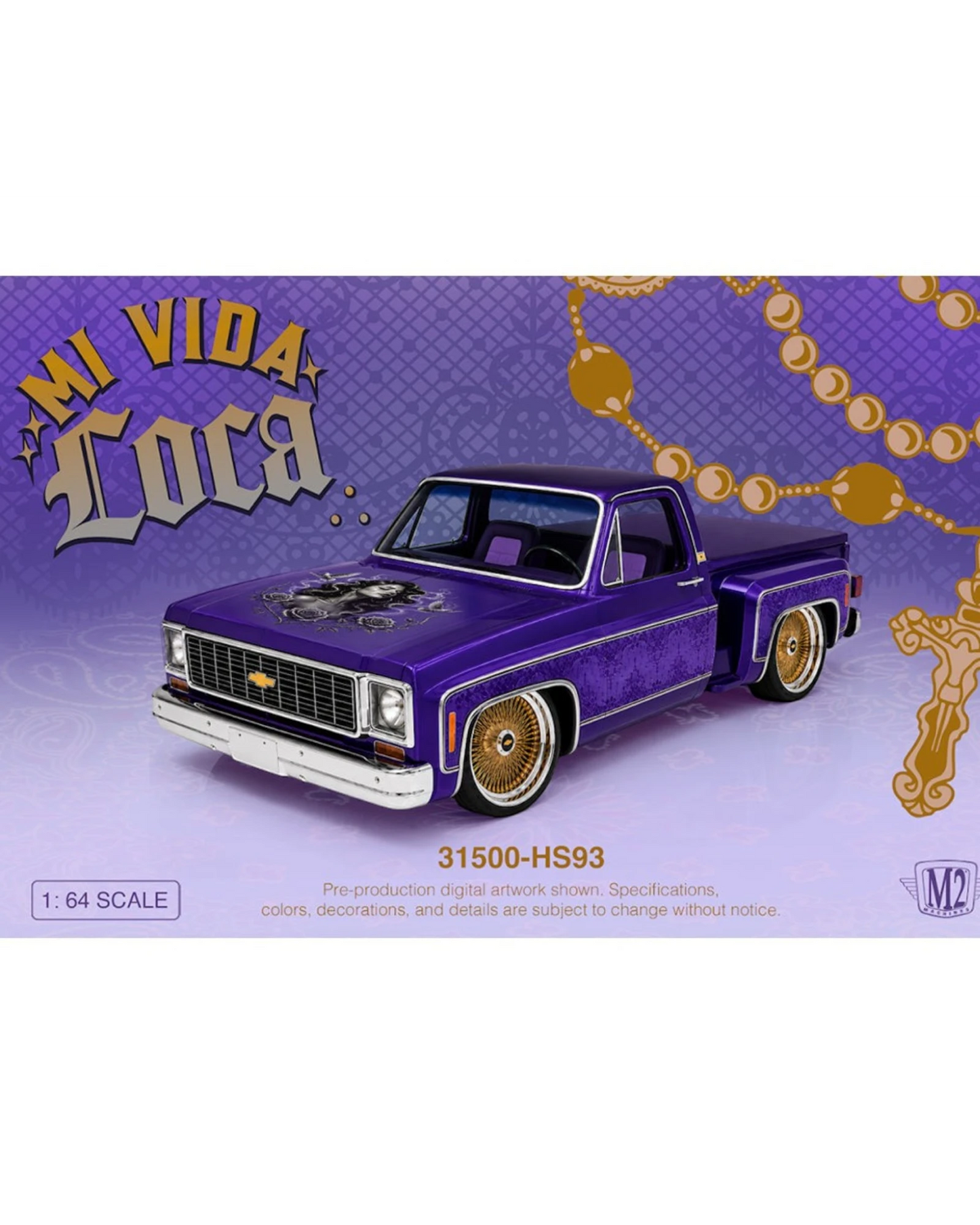 More Than Diecast 1:64 scale 1973 Chevrolet Cheyenne 10 Stepside Mi Vida Loca purple custom model truck