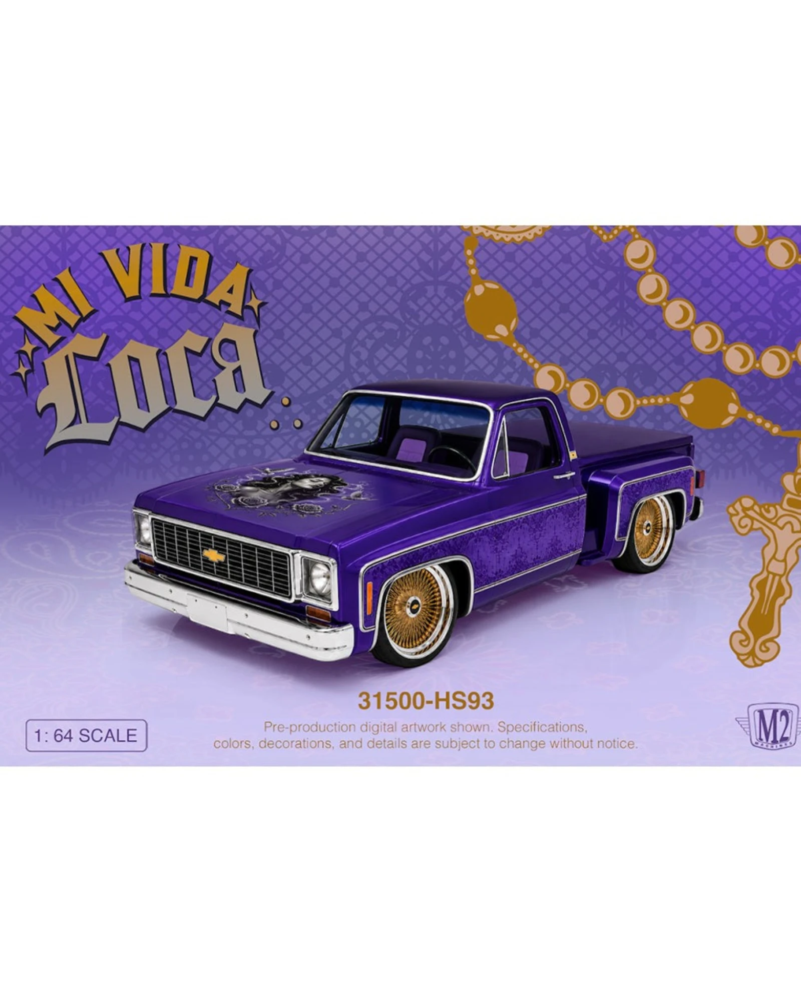 More Than Diecast 1:64 scale 1973 Chevrolet Cheyenne 10 Stepside Mi Vida Loca purple custom model truck