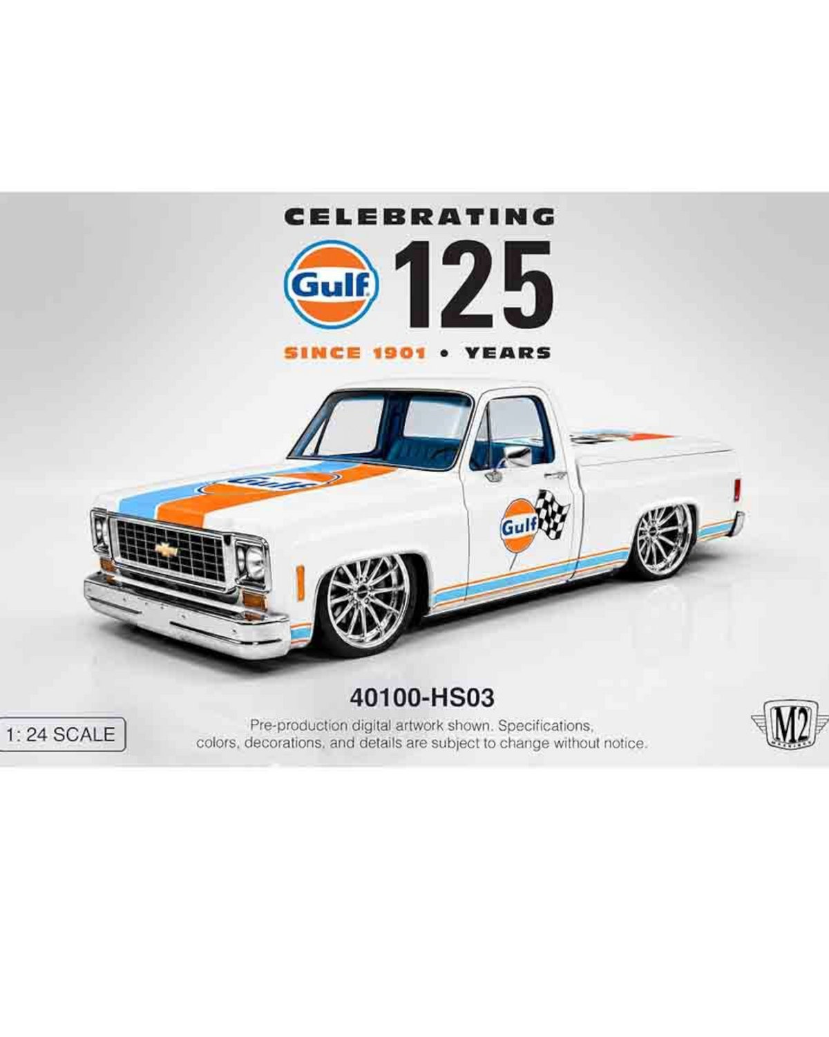 More Than Diecast M2 Machines 1:24 1973 Chevrolet Custom Deluxe 10 pickup in Gulf blue and orange anniversary livery