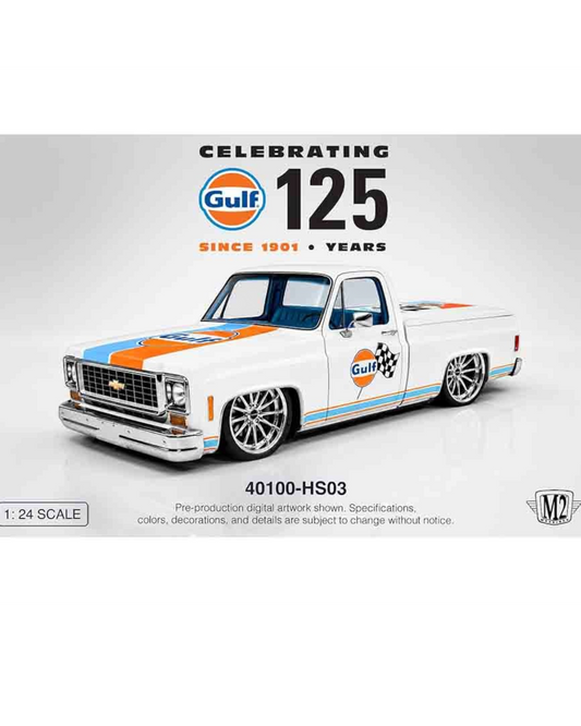 More Than Diecast M2 Machines 1:24 1973 Chevrolet Custom Deluxe 10 pickup in Gulf blue and orange anniversary livery