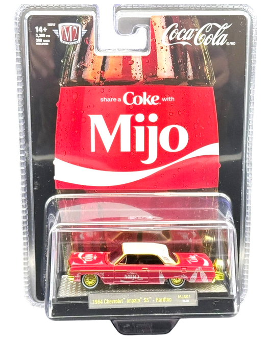 More Than Diecast 1:64 scale 1964 Chevrolet Impala SS lowrider in Coca-Cola red and white chase livery in packaging.