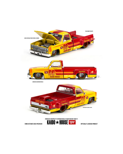 More Than Diecast Kaido House x Mini GT Chevrolet Silverado Dually in yellow and red Kaido Racing Team V1 livery