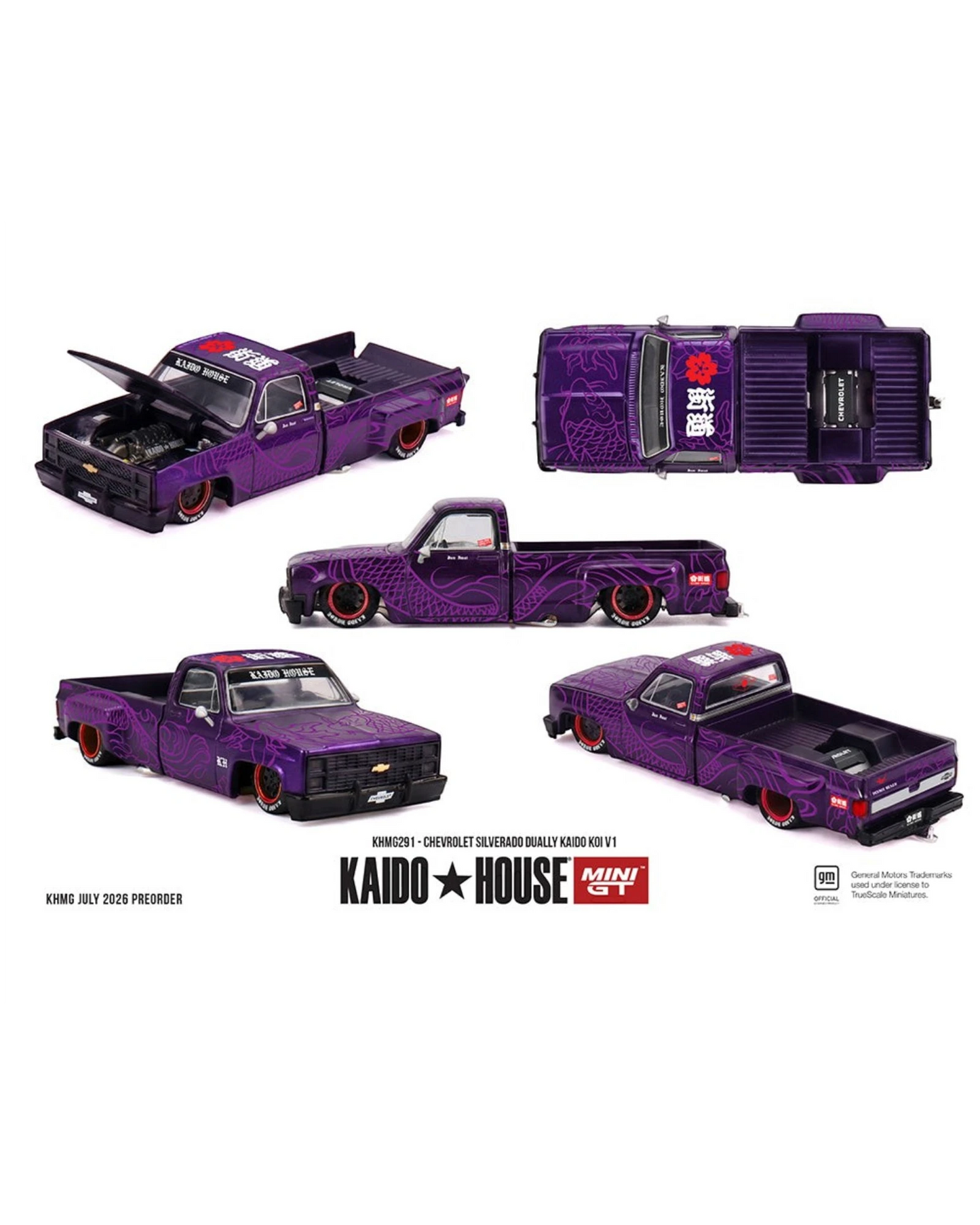 More Than Diecast Kaido House x Mini GT 1:64 Chevrolet Silverado Dually in purple Koi V1 livery with open hood