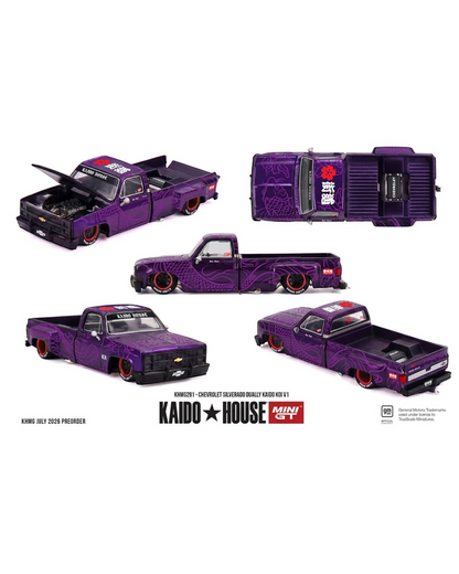 More Than Diecast Kaido House x Mini GT 1:64 Chevrolet Silverado Dually in purple Koi V1 livery with open hood