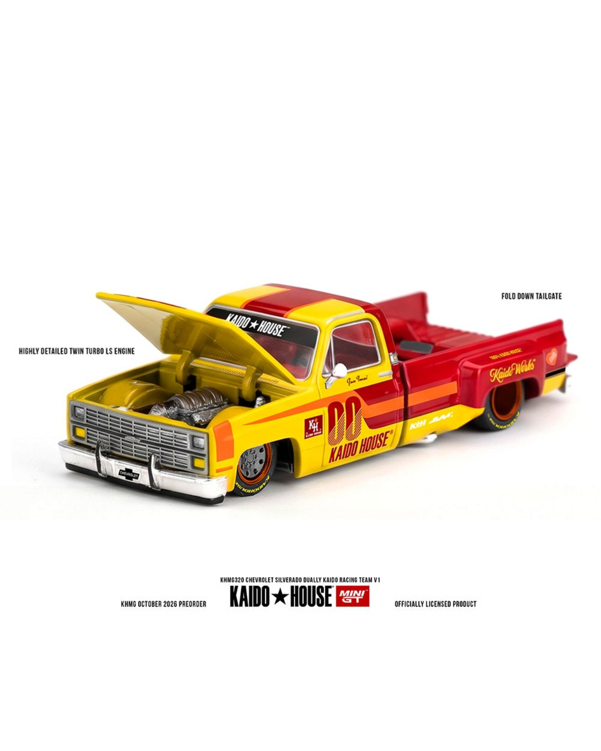More Than Diecast Kaido House x Mini GT Chevrolet Silverado Dually in yellow and red with open hood and engine detail
