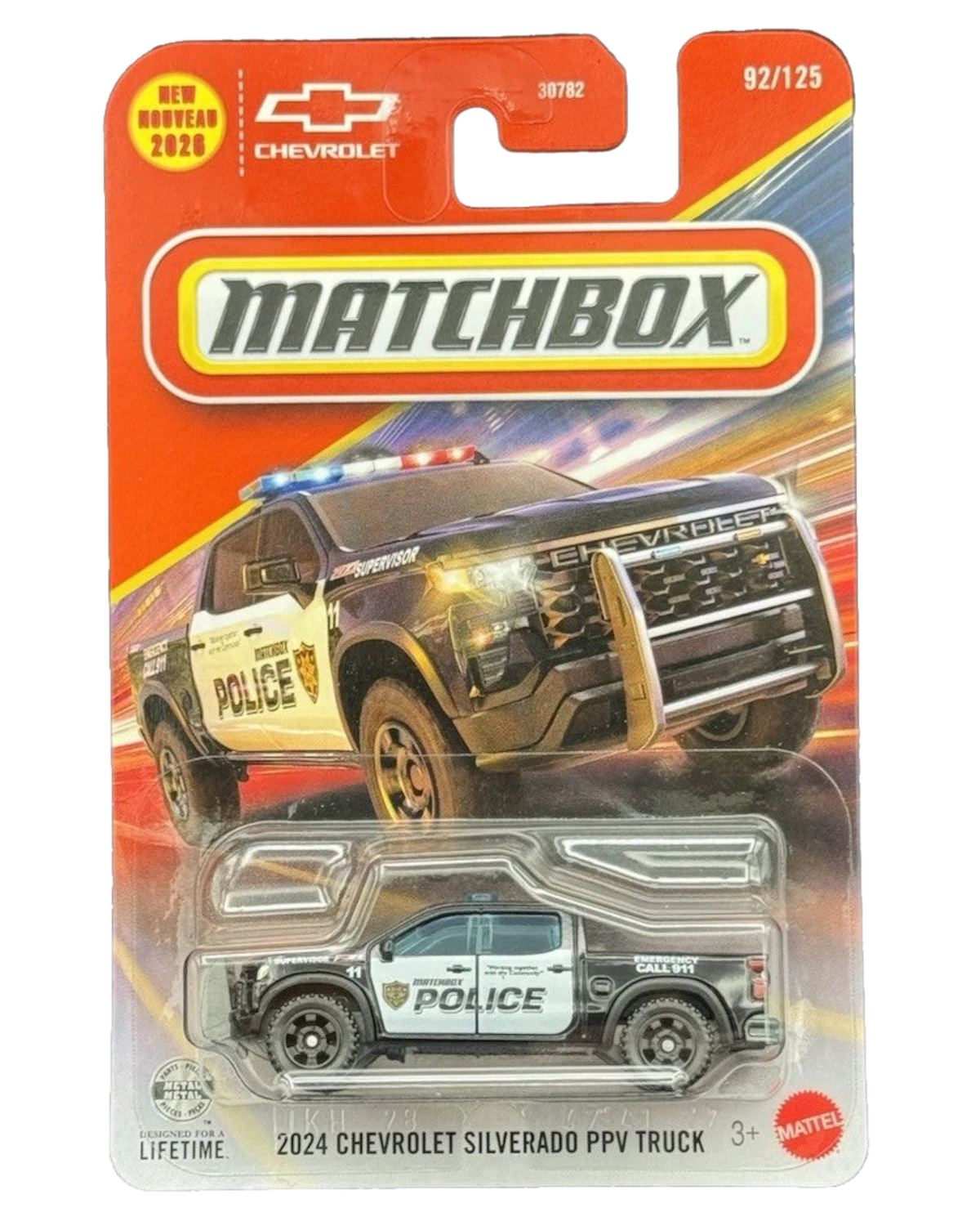 More Than Diecast 2024 Chevrolet Silverado PPV police truck in black and white 1:64 scale Matchbox packaging