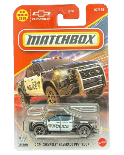 More Than Diecast 2024 Chevrolet Silverado PPV police truck in black and white 1:64 scale Matchbox packaging