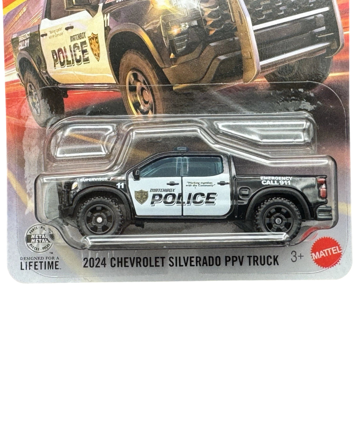 More Than Diecast 1:64 scale Matchbox 2024 Chevrolet Silverado PPV police truck in black and white packaging