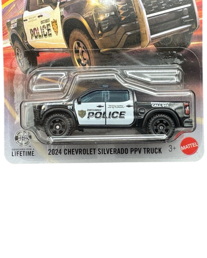 More Than Diecast 1:64 scale Matchbox 2024 Chevrolet Silverado PPV police truck in black and white packaging