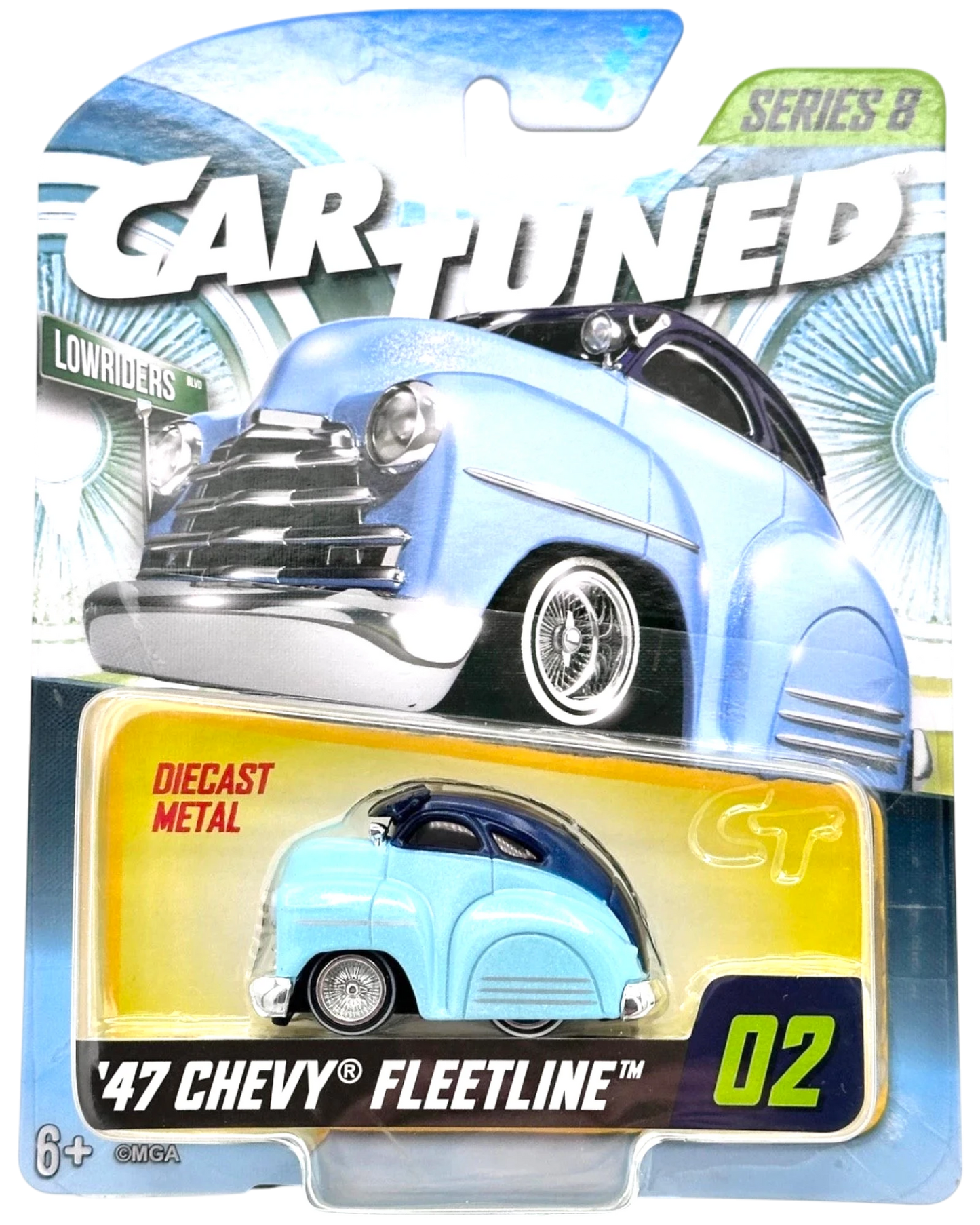 More Than Diecast Hot Wheels 1:64 scale 1947 Chevy Fleetline Lowrider die-cast car in light blue and dark blue