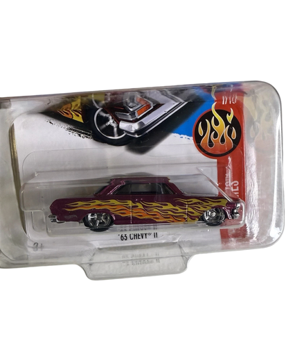 More Than Diecast Hot Wheels 63 Chevy II Super Treasure Hunt in pink Spectraflame paint with yellow flame graphics