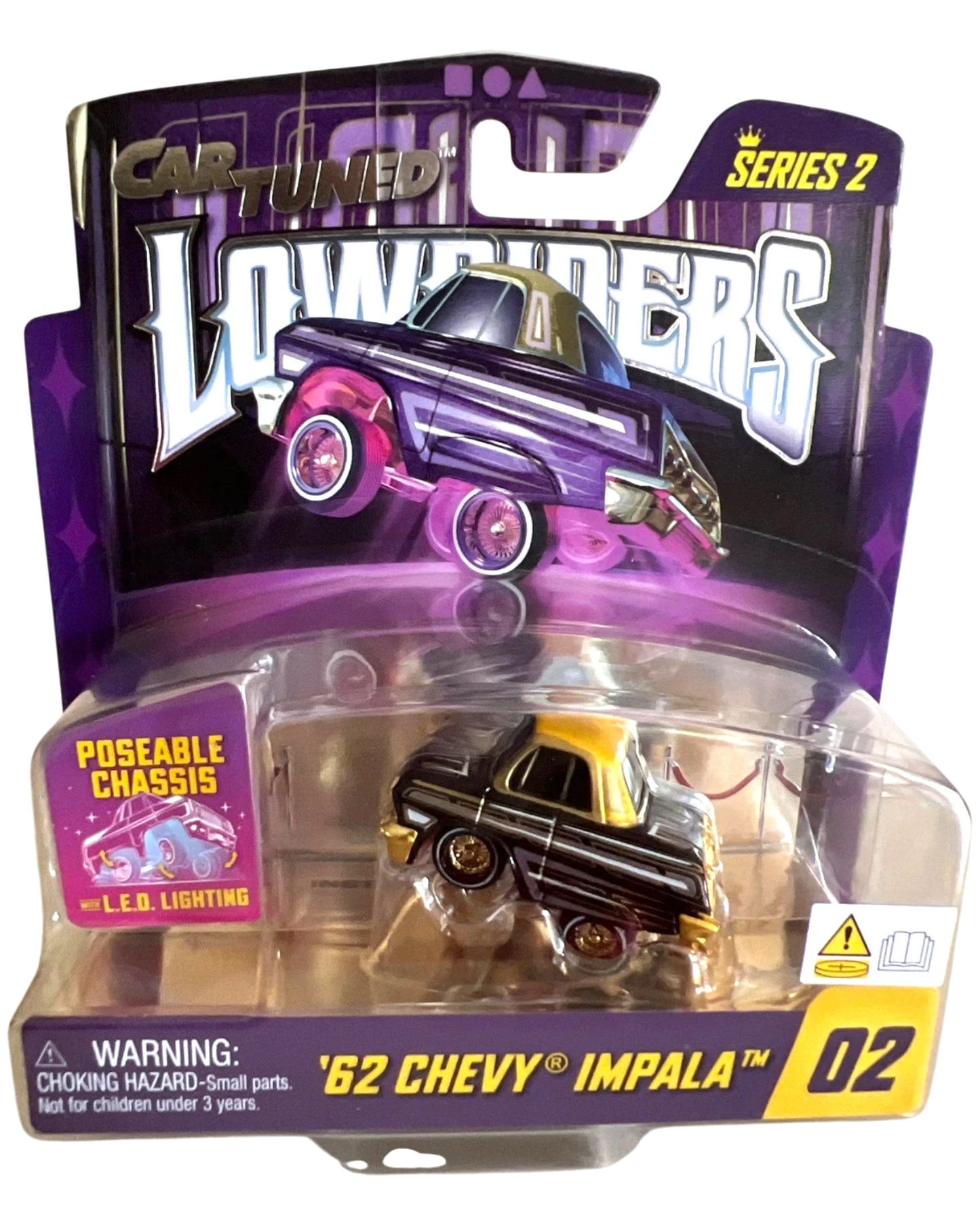 More Than Diecast Car Tuned 62 Chevy Impala lowrider in black and gold packaging with poseable chassis and LED lights