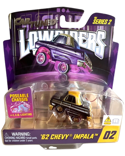 More Than Diecast Car Tuned 62 Chevy Impala lowrider in black and gold packaging with poseable chassis and LED lights