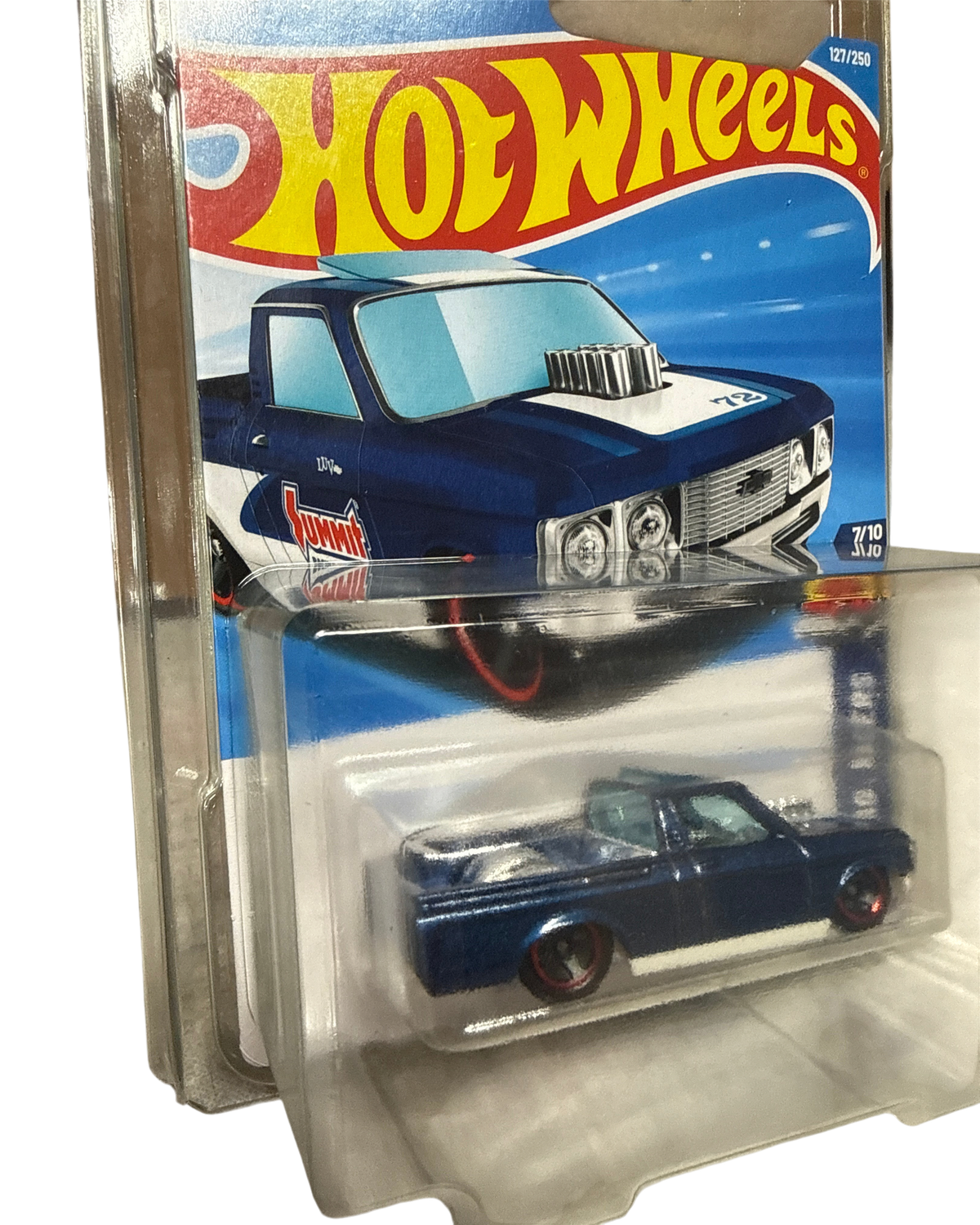 More Than Diecast Hot Wheels Custom '72 Chevy LUV error edition in blue with missing side lettering in blister pack