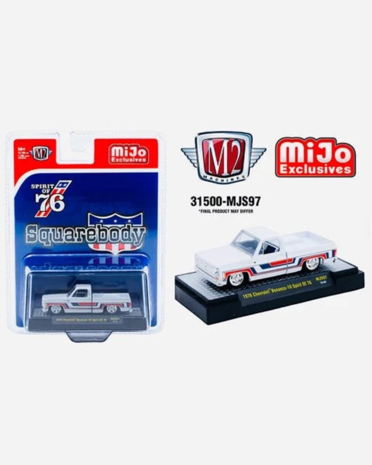 More Than Diecast M2 Machines 1976 Chevy Silverado Bonanza-10 Spirit of 76 white die-cast truck in blister packaging