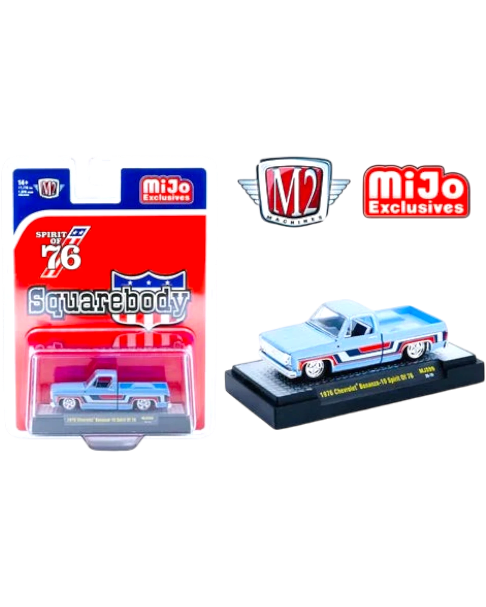 More Than Diecast M2 Machines 1976 Chevy Silverado Bonanza-10 Spirit of 76 blue die-cast truck in packaging