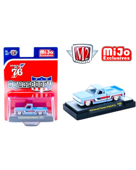 More Than Diecast M2 Machines 1976 Chevy Silverado Bonanza-10 Spirit of 76 blue die-cast truck in packaging