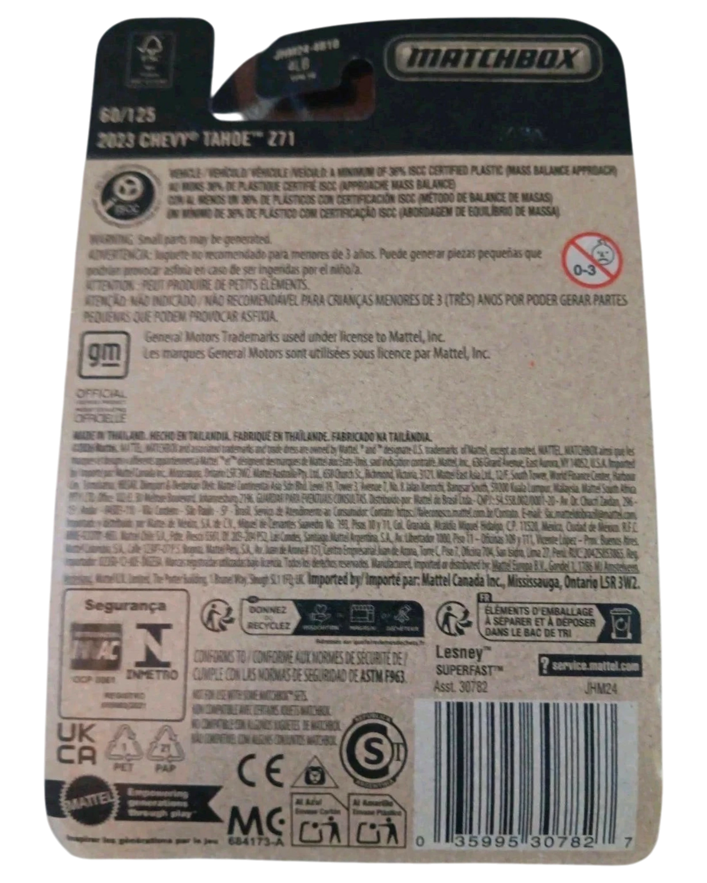 More Than Diecast Matchbox 2023 Chevy Tahoe Z71 packaging back showing product details and safety information