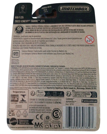 More Than Diecast Matchbox 2023 Chevy Tahoe Z71 packaging back showing product details and safety information