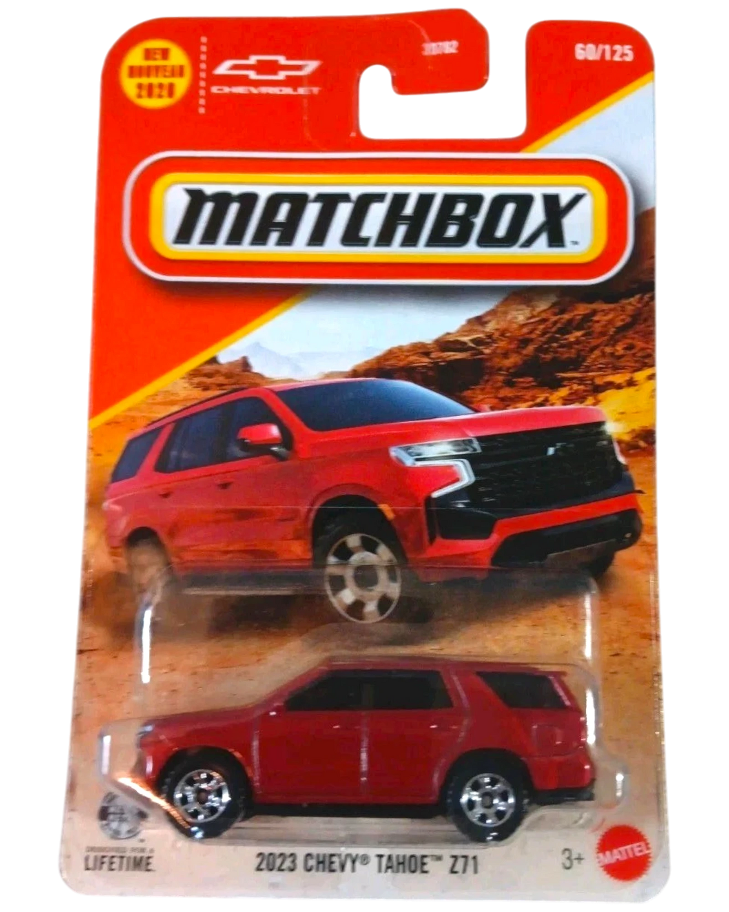 More Than Diecast 2023 Chevy Tahoe Z71 Matchbox die-cast SUV in red, featured on its original blister card packaging.