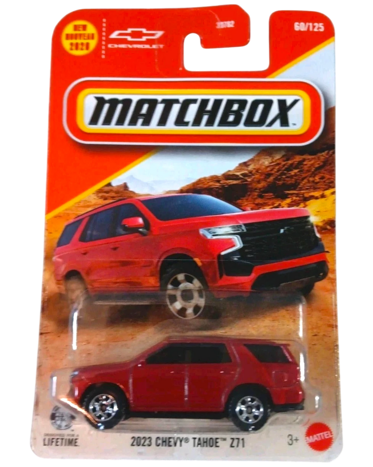 More Than Diecast 2023 Chevy Tahoe Z71 Matchbox die-cast SUV in red, featured on its original blister card packaging.
