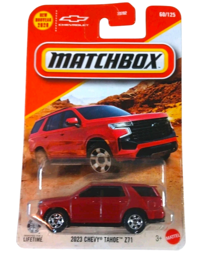 More Than Diecast 2023 Chevy Tahoe Z71 Matchbox die-cast SUV in red, featured on its original blister card packaging.