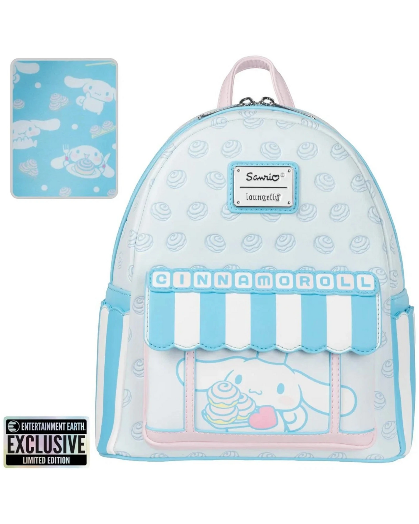 More Than Diecast Loungefly Sanrio Cinnamoroll Sweet Shop mini-backpack with pastel blue and white candy store design.