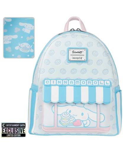 More Than Diecast Loungefly Sanrio Cinnamoroll Sweet Shop mini-backpack with pastel blue and white candy store design.