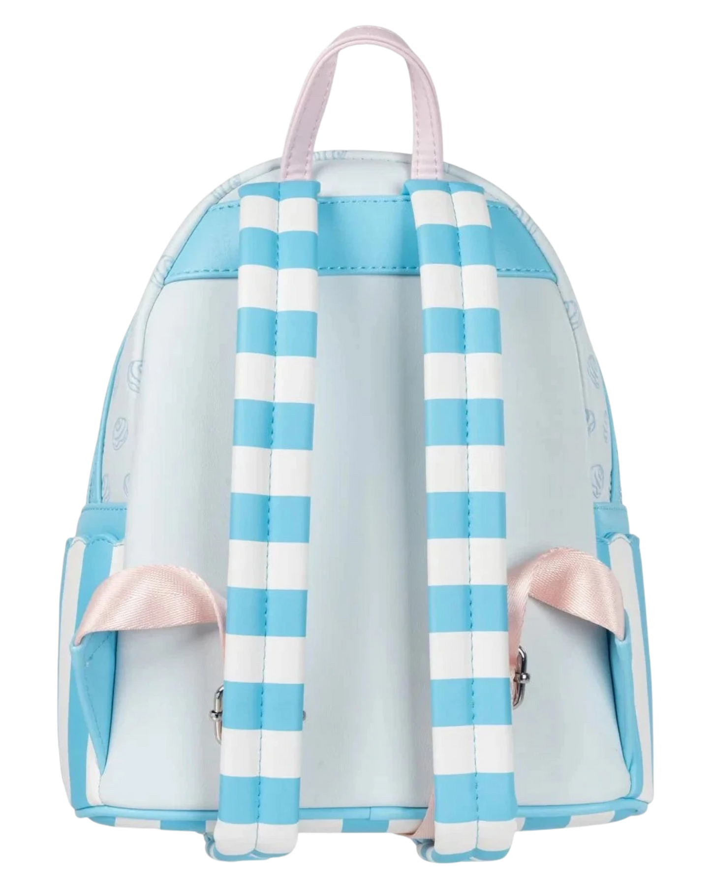 Back view of More Than Diecast Loungefly Sanrio Cinnamoroll Sweet Shop mini-backpack with blue and white striped straps