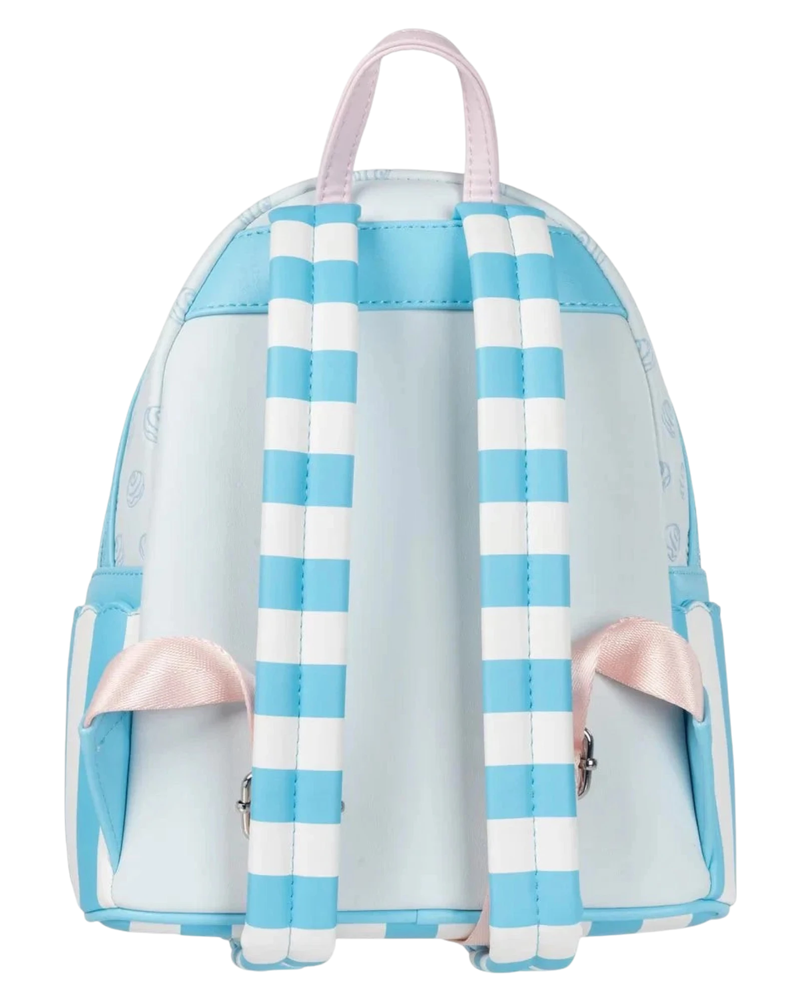 Back view of More Than Diecast Loungefly Sanrio Cinnamoroll Sweet Shop mini-backpack with blue and white striped straps