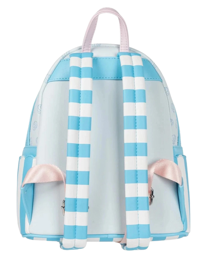 Back view of More Than Diecast Loungefly Sanrio Cinnamoroll Sweet Shop mini-backpack with blue and white striped straps