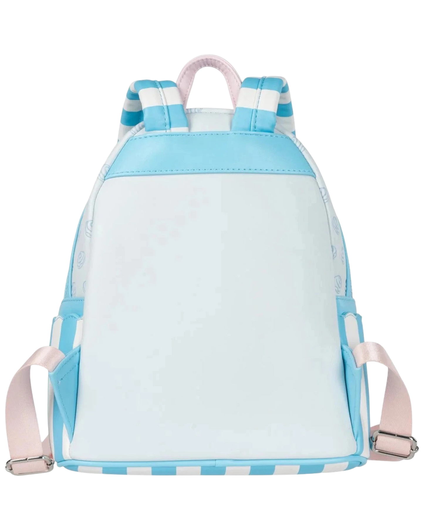 More Than Diecast Loungefly Sanrio Cinnamoroll Sweet Shop mini-backpack featuring pastel blue and white striped straps.