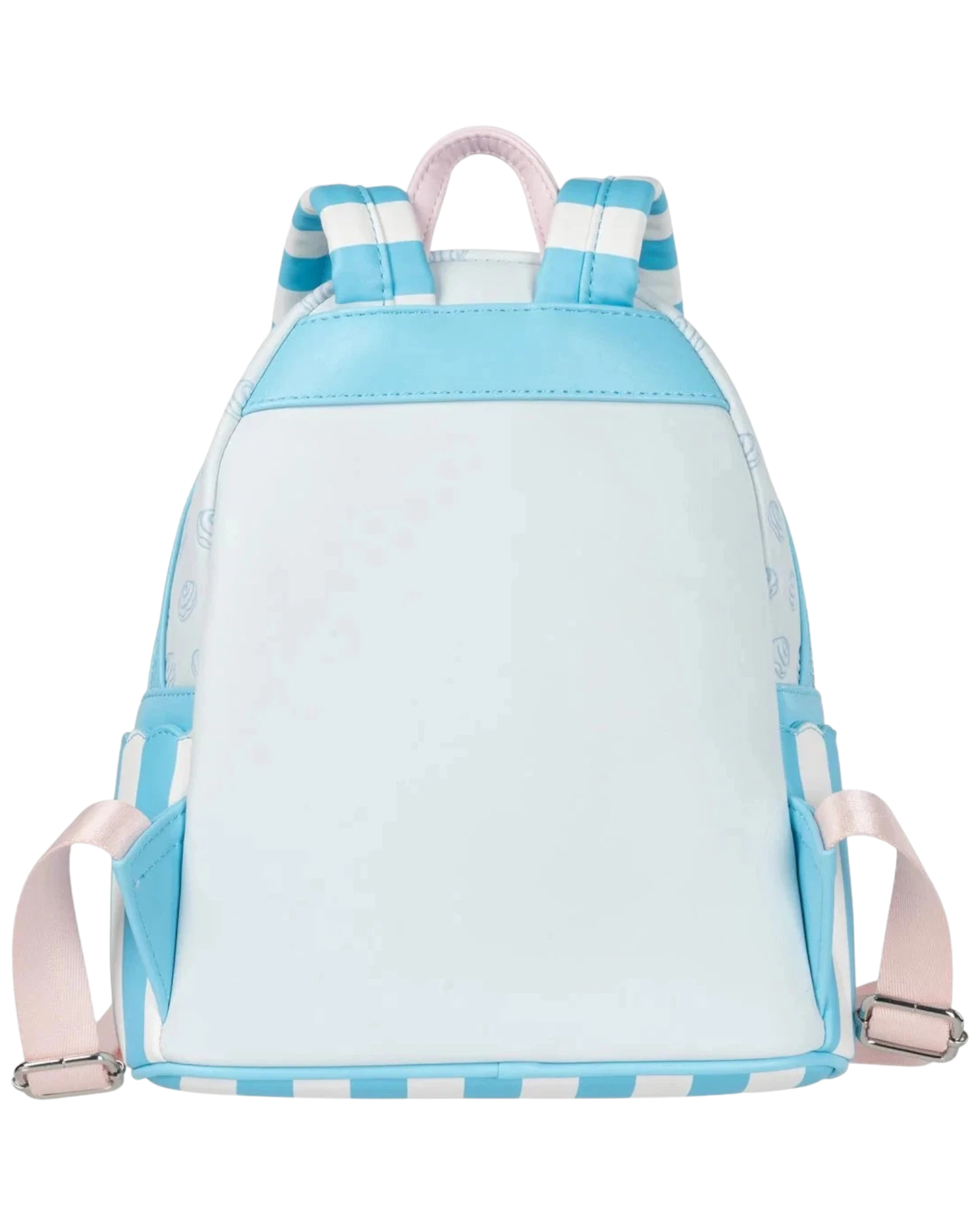 More Than Diecast Loungefly Sanrio Cinnamoroll Sweet Shop mini-backpack featuring pastel blue and white striped straps.