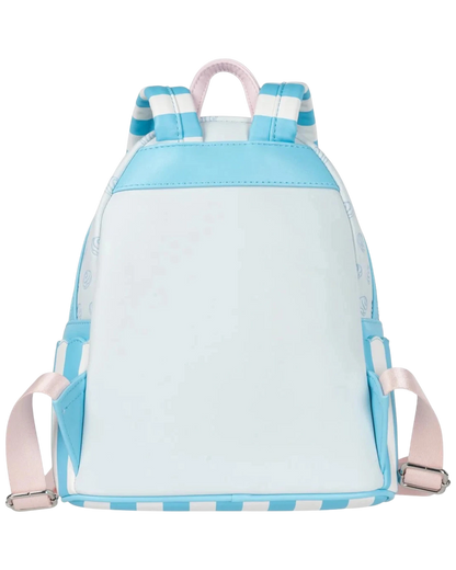 More Than Diecast Loungefly Sanrio Cinnamoroll Sweet Shop mini-backpack featuring pastel blue and white striped straps.