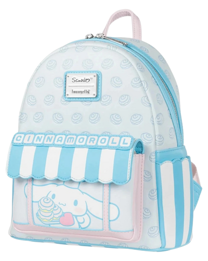 More Than Diecast Loungefly Sanrio Cinnamoroll Sweet Shop mini-backpack in pastel blue and white with striped awning.