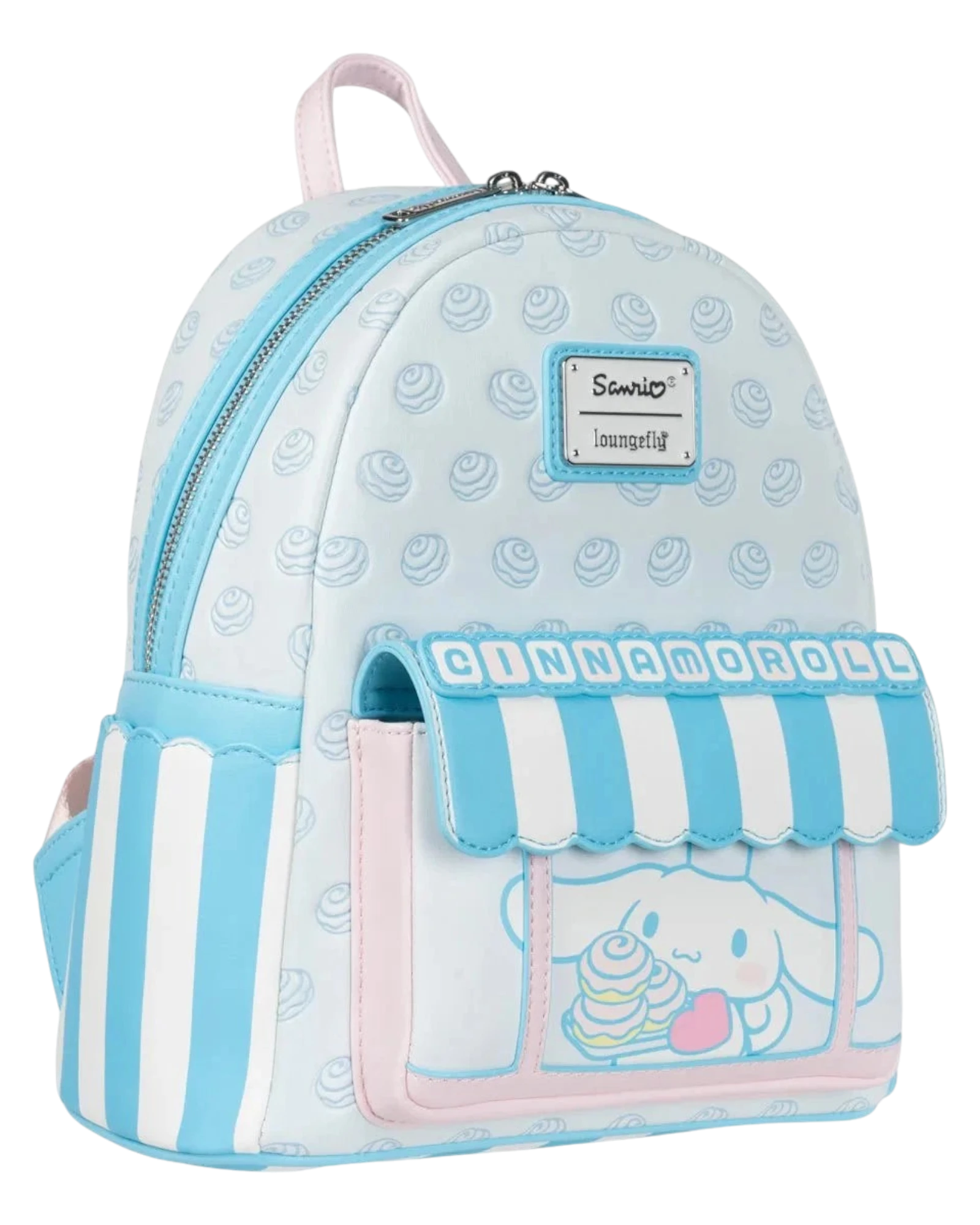 More Than Diecast Loungefly Sanrio Cinnamoroll Sweet Shop mini-backpack in pastel blue and white with striped awning.