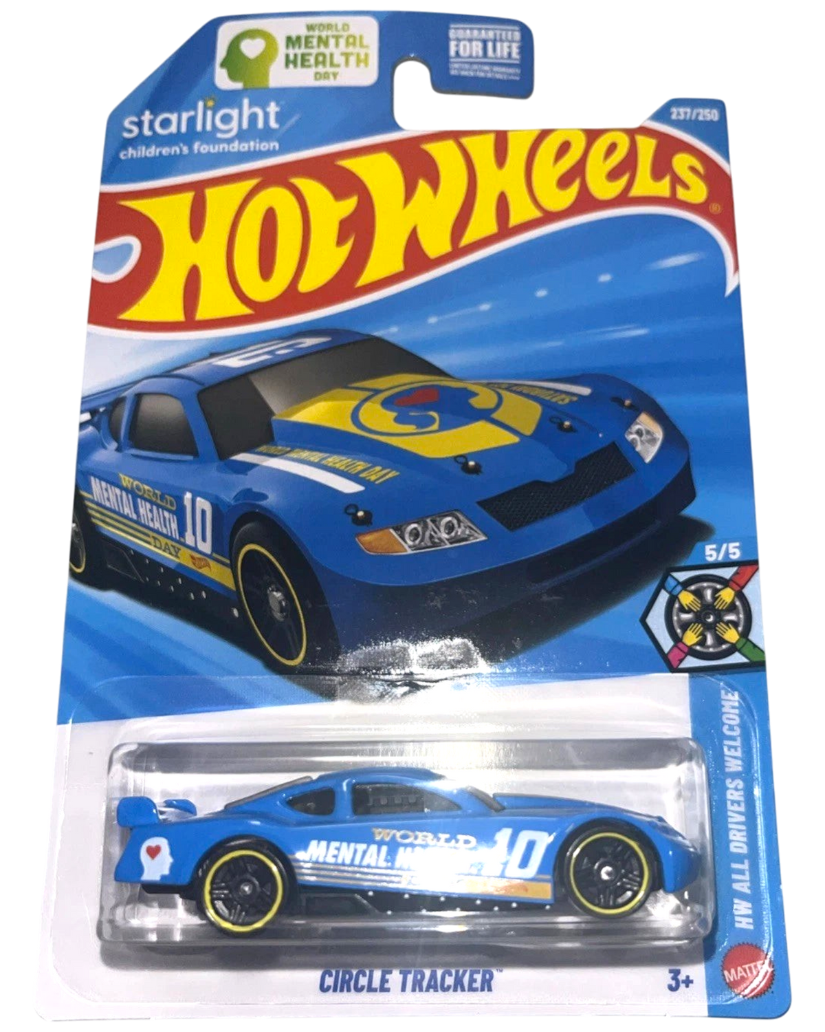 More Than Diecast Hot Wheels Circle Tracker blue metallic die-cast car on international card with racing graphics