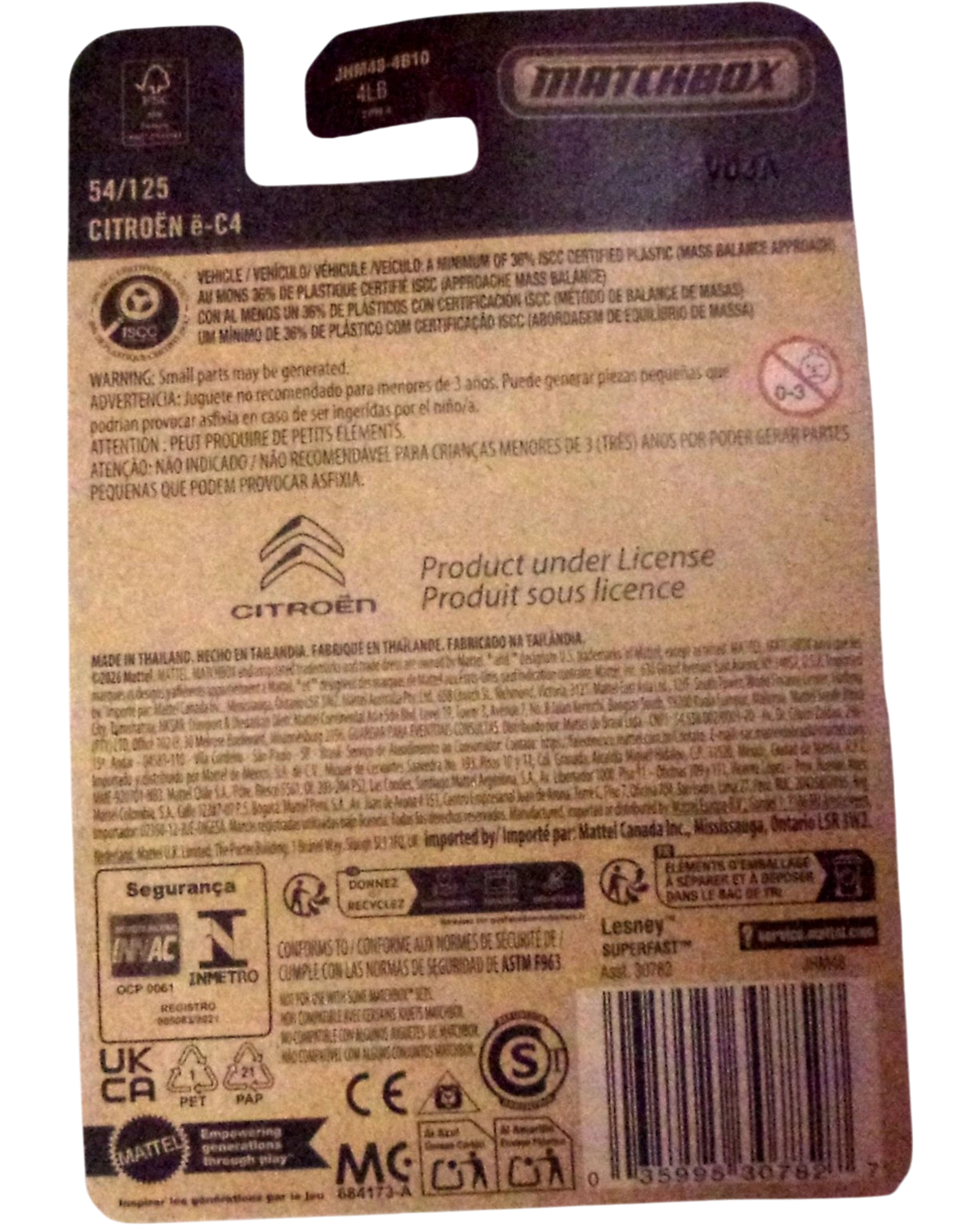 More Than Diecast Matchbox 2026 Citroen e-C4 die-cast packaging back view showing product details and safety info