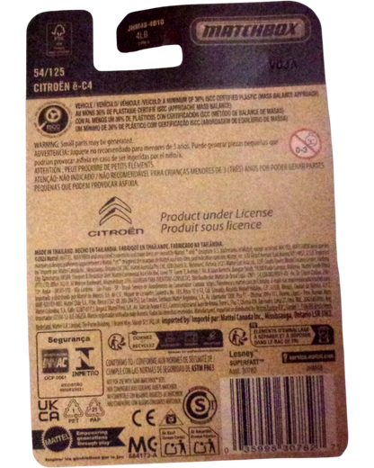 More Than Diecast Matchbox 2026 Citroen e-C4 die-cast packaging back view showing product details and safety info