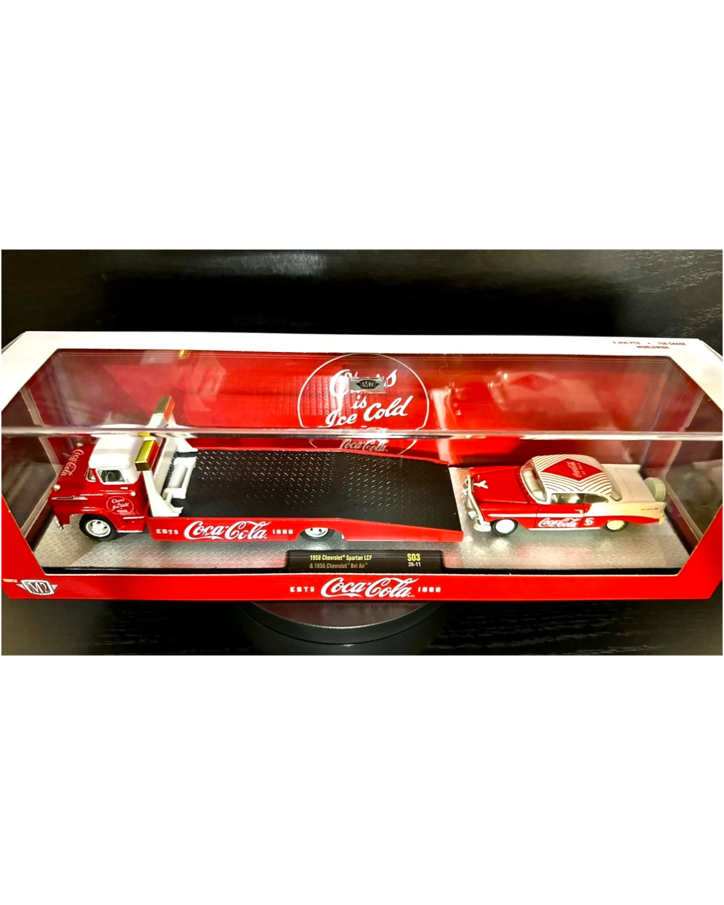 More Than Diecast M2 Machines Coca-Cola Auto-Haulers set featuring a 1958 Chevy Spartan hauler and 1956 Chevy Bel Air