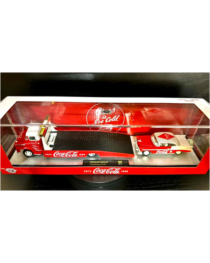 More Than Diecast M2 Machines Coca-Cola Auto-Haulers set featuring a 1958 Chevy Spartan hauler and 1956 Chevy Bel Air