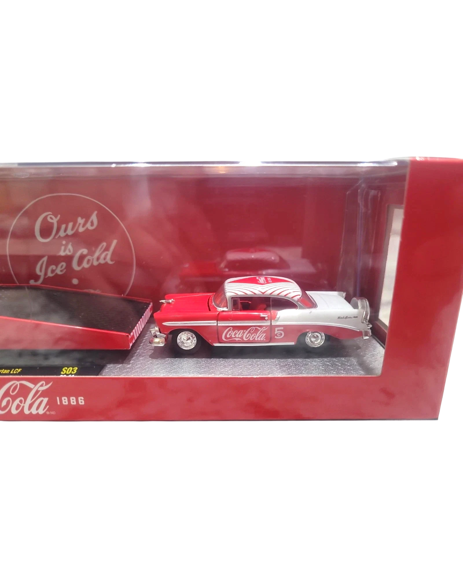 More Than Diecast 1:64 scale 1956 Chevrolet Bel Air in red and white Coca-Cola livery inside display packaging